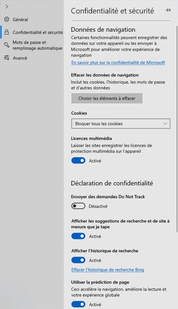 Edge - gestion de la vie privée Edge - gestion de la vie privée